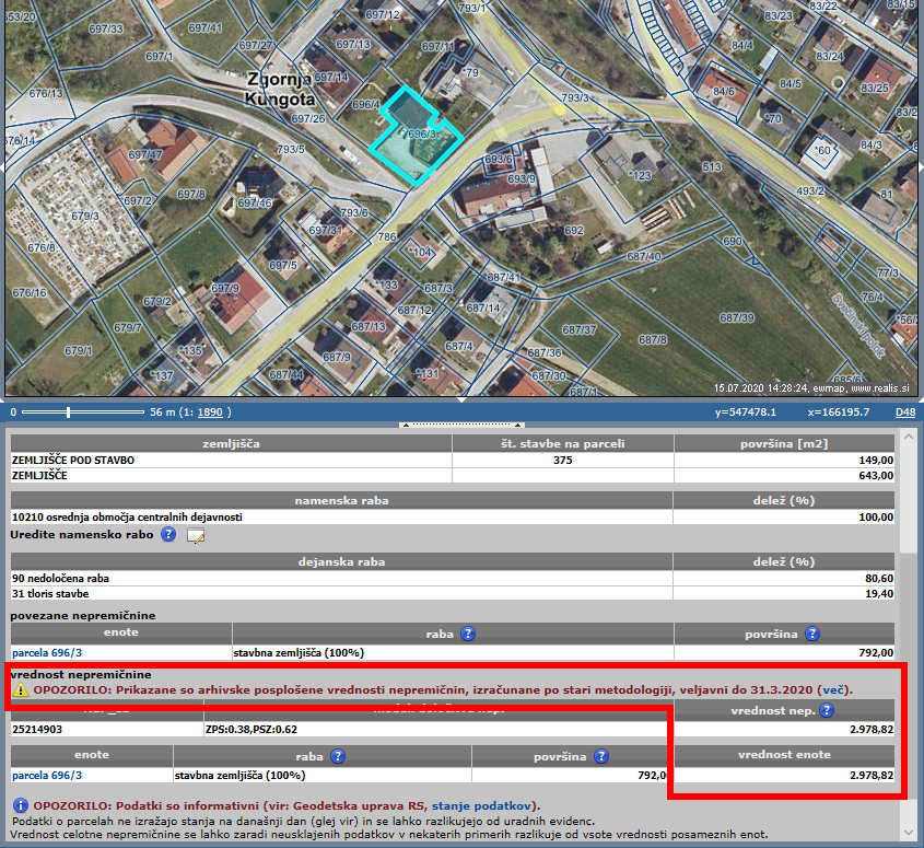 OPOZORILO: Prikazane so arhivske posplošene vrednosti nepremičnin, izračunane po stari metodologiji, veljavni do 31.3.2020